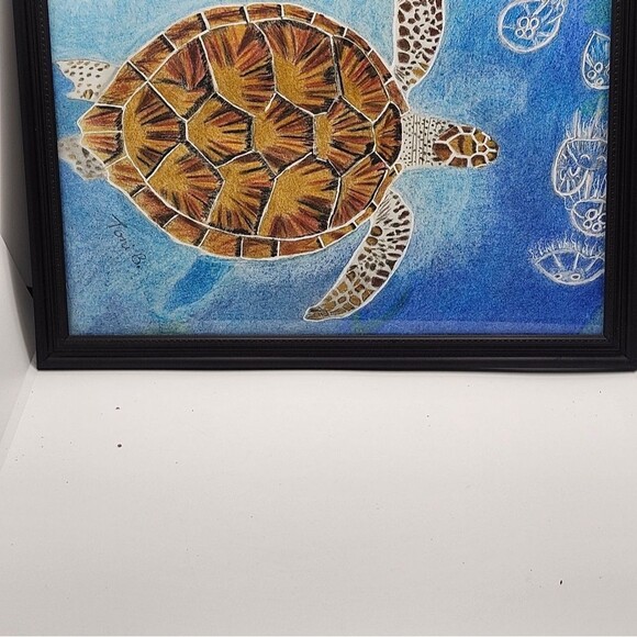 Hand Crafted Sea Turtle Colored Pencil Drawing Framed 9x11" - Picture 2 of 14